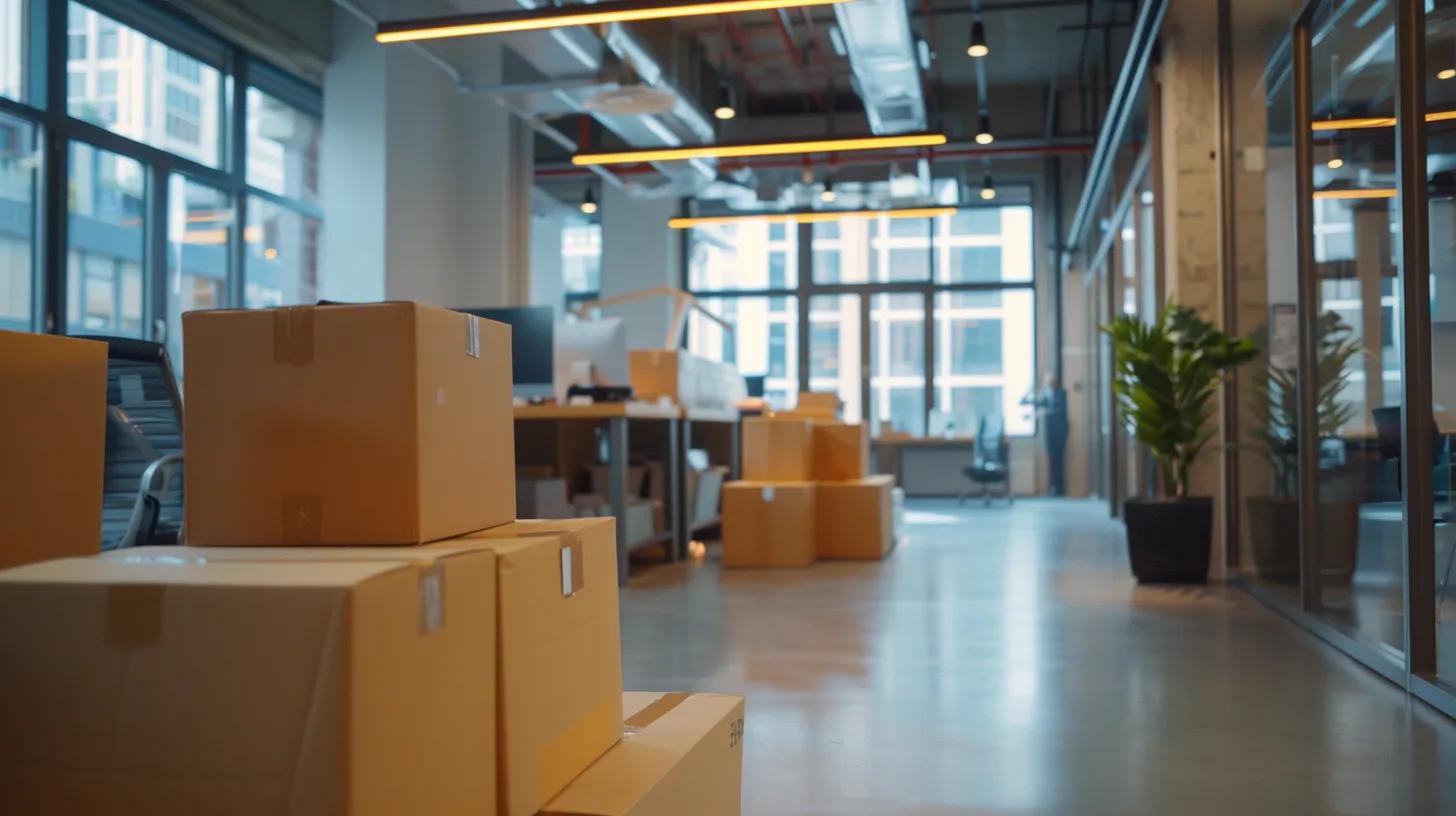 a sleek, modern office environment showcases a professional mover efficiently packing items into sturdy boxes, emphasizing their commitment to service excellence and customer satisfaction in a bustling cityscape.