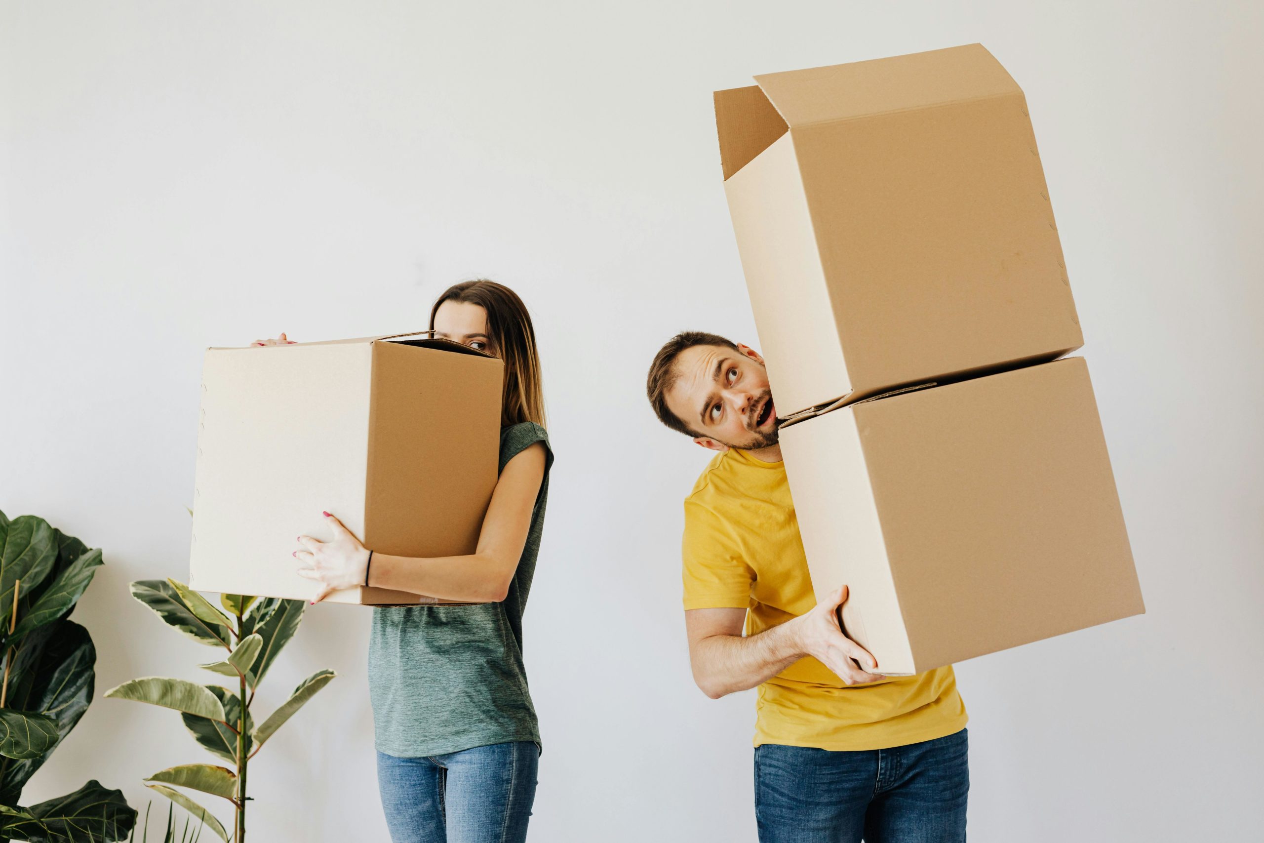 Cheerful couple carrying cardboard boxes
