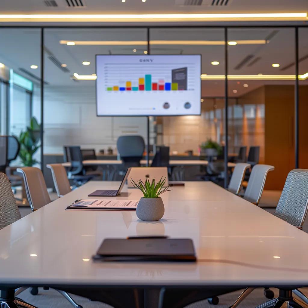 a sleek, modern office environment showcases a prominently displayed case study report on a polished conference table, surrounded by high-tech devices and minimalist decor, emphasizing a professional and analytical atmosphere.