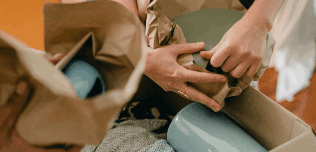 A woman packing her things in a box