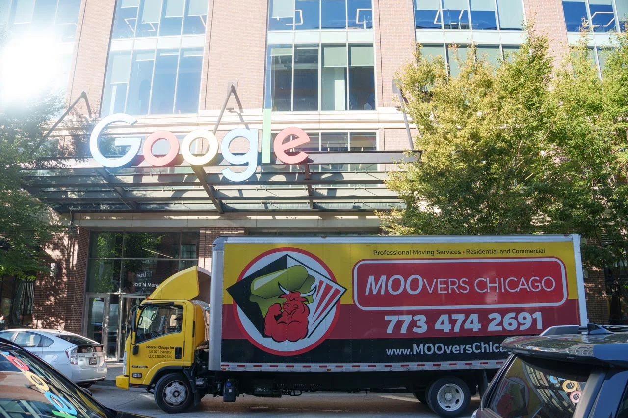 Moovers Chicago Truck at Google Office Moovers Chicago truck in front of Google office, local and long distance moving services.