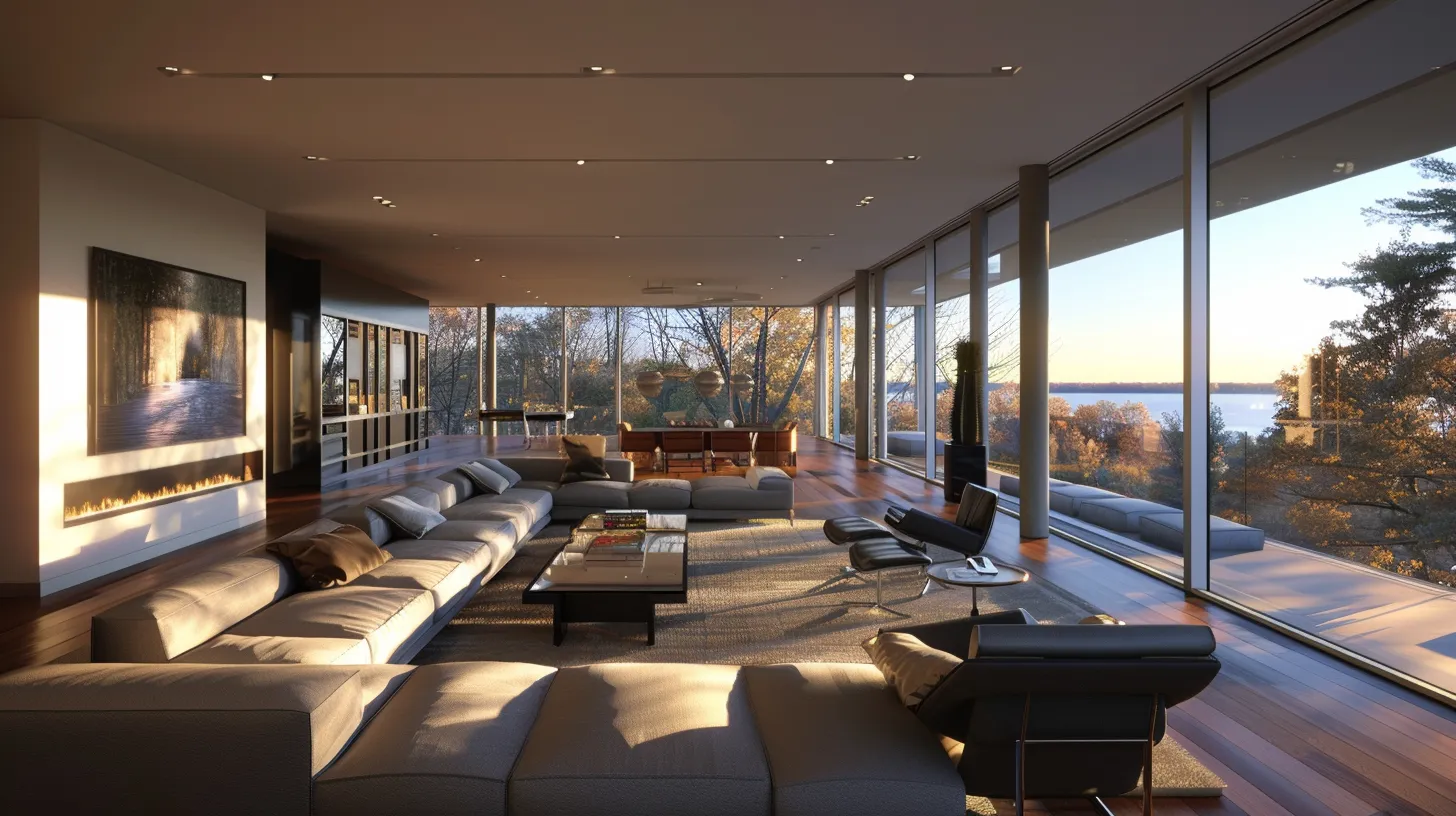 a sleek, modern living room showcases the transition from an urban chicago vibe, featuring contemporary furnishings and panoramic city views, to a tranquil, spacious lake forest setting with refined decor and a warm, inviting atmosphere.