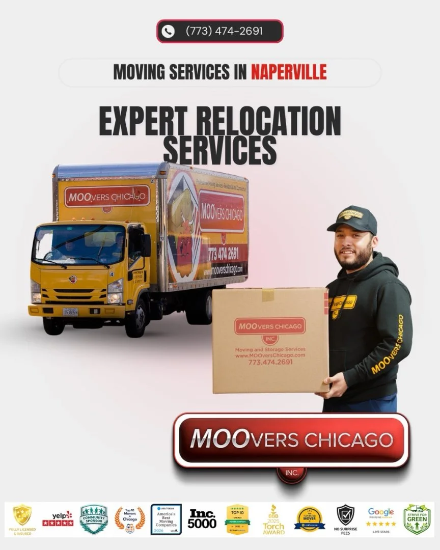 Moovers Chicago truck and staff offering expert relocation services in Naperville.