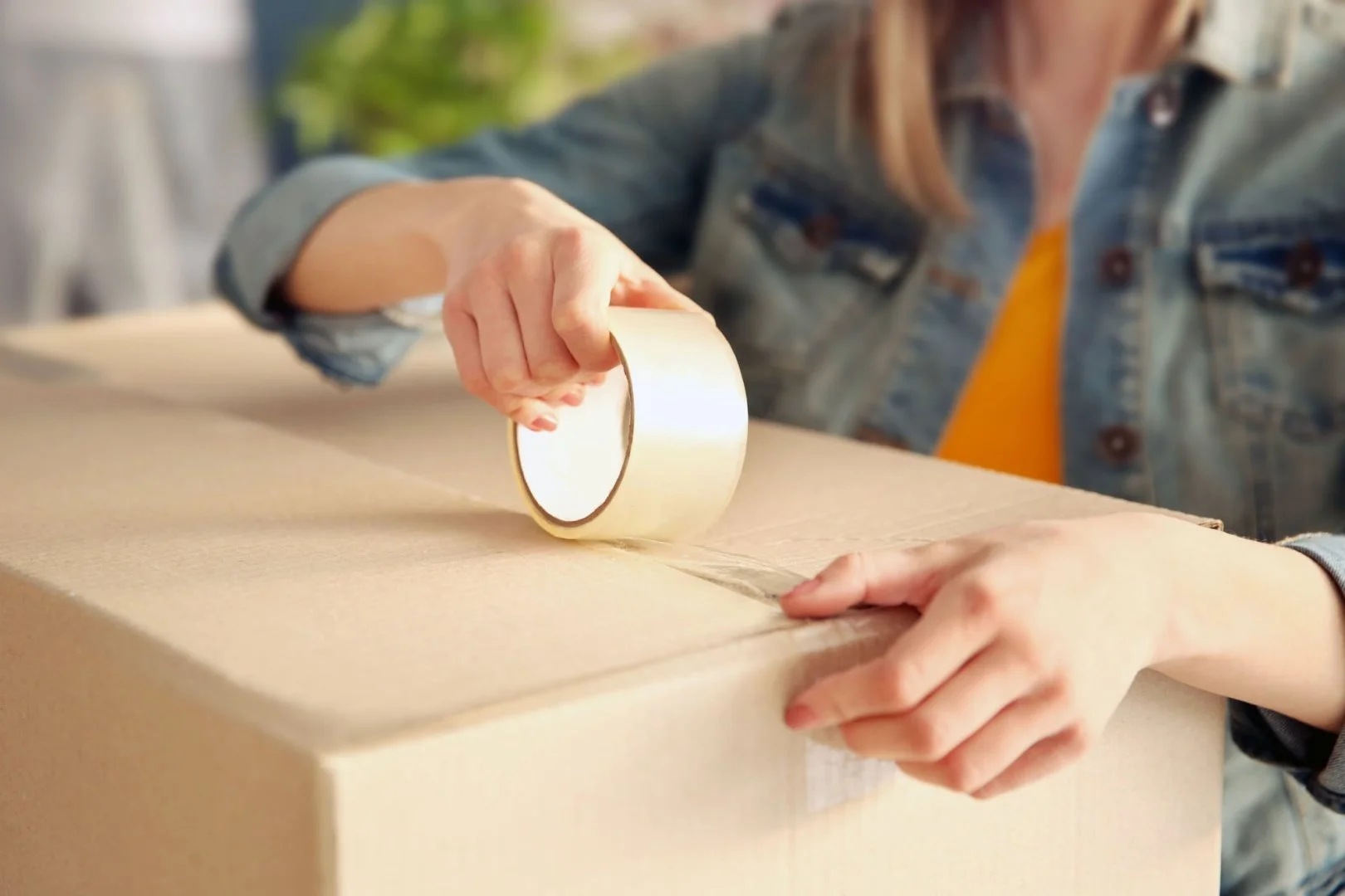 Efficient Packing by Chicago Movers Person sealing a moving box with tape, Chicago movers.