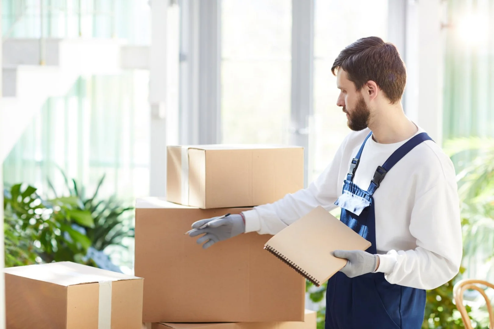 Professional Mover at Moovers Chicago Professional mover organizing boxes for Moovers Chicago, a trusted moving company.