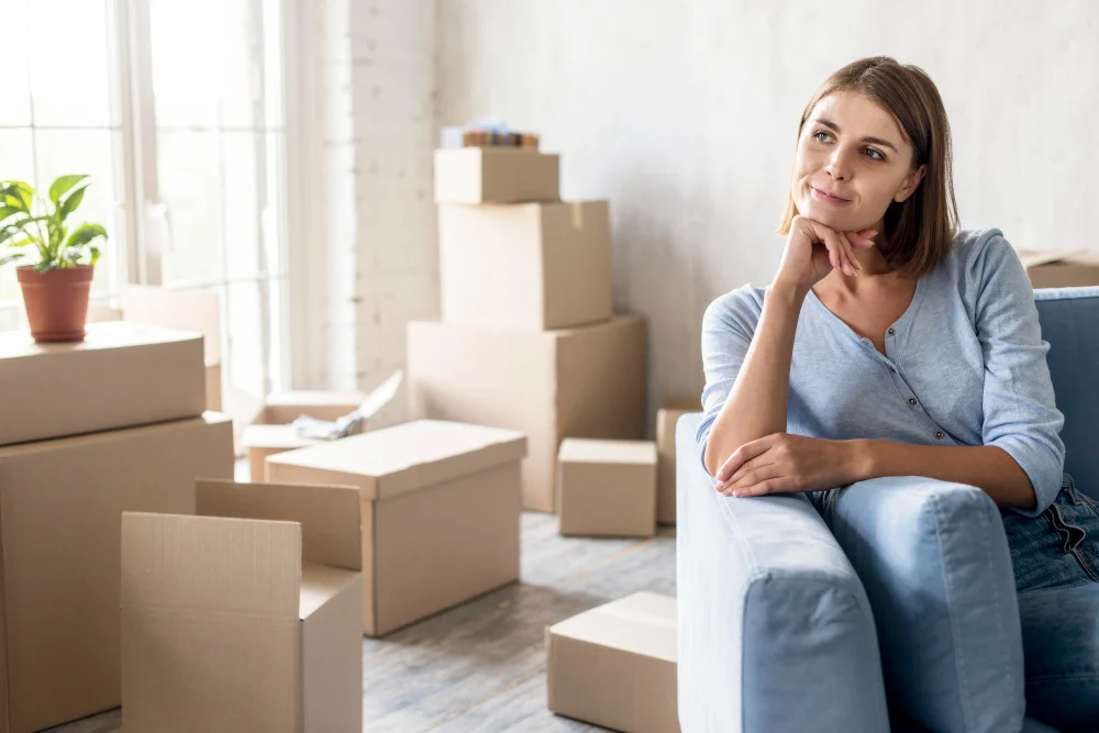 Contemplating Post-Move Woman sitting on a couch surrounded by moving boxes, contemplating post-move.