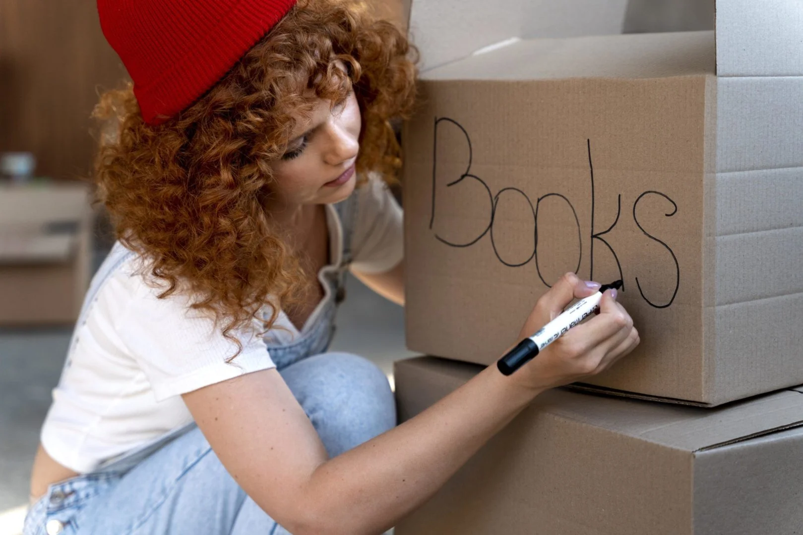 Packing Books for Moving Person labeling moving boxes for a move with Moovers Chicago.