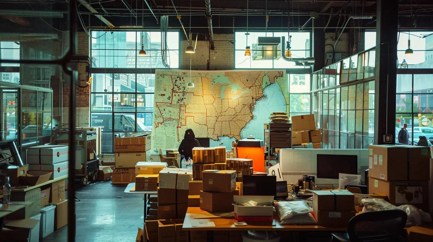 Moovers Chicago Office Busy Chicago moving company office with boxes and map