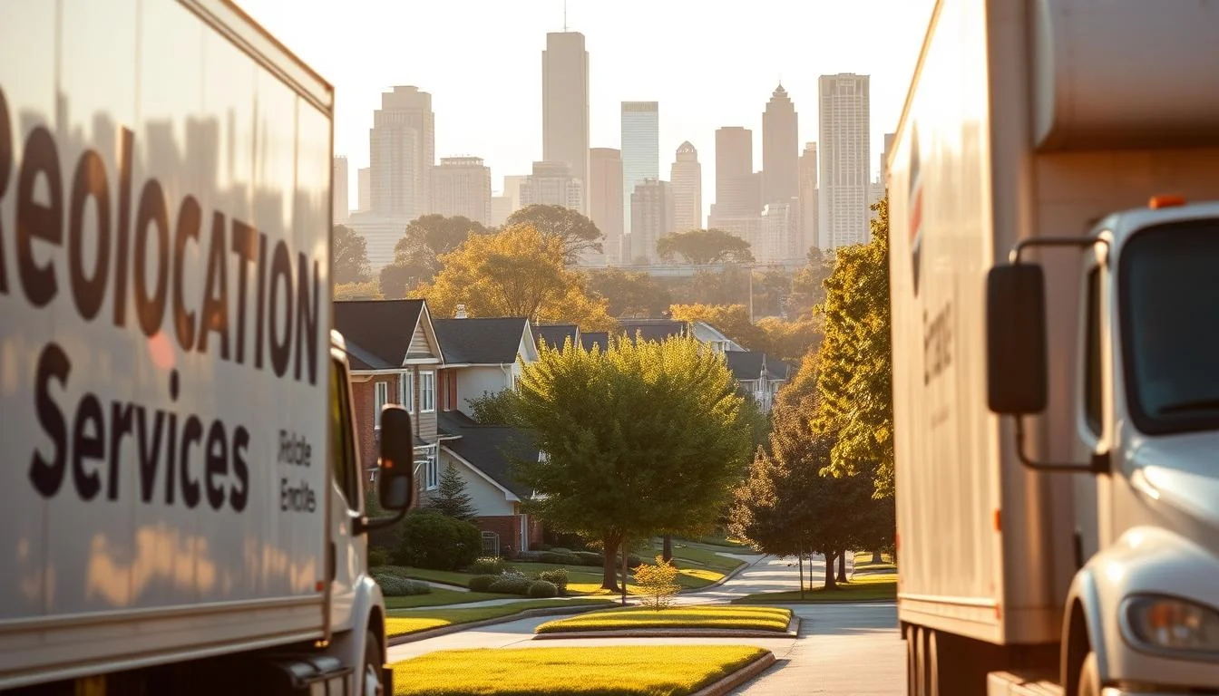 Moovers Chicago – Trusted Moving Services Moving trucks in suburban Chicago with city skyline, Moovers Chicago