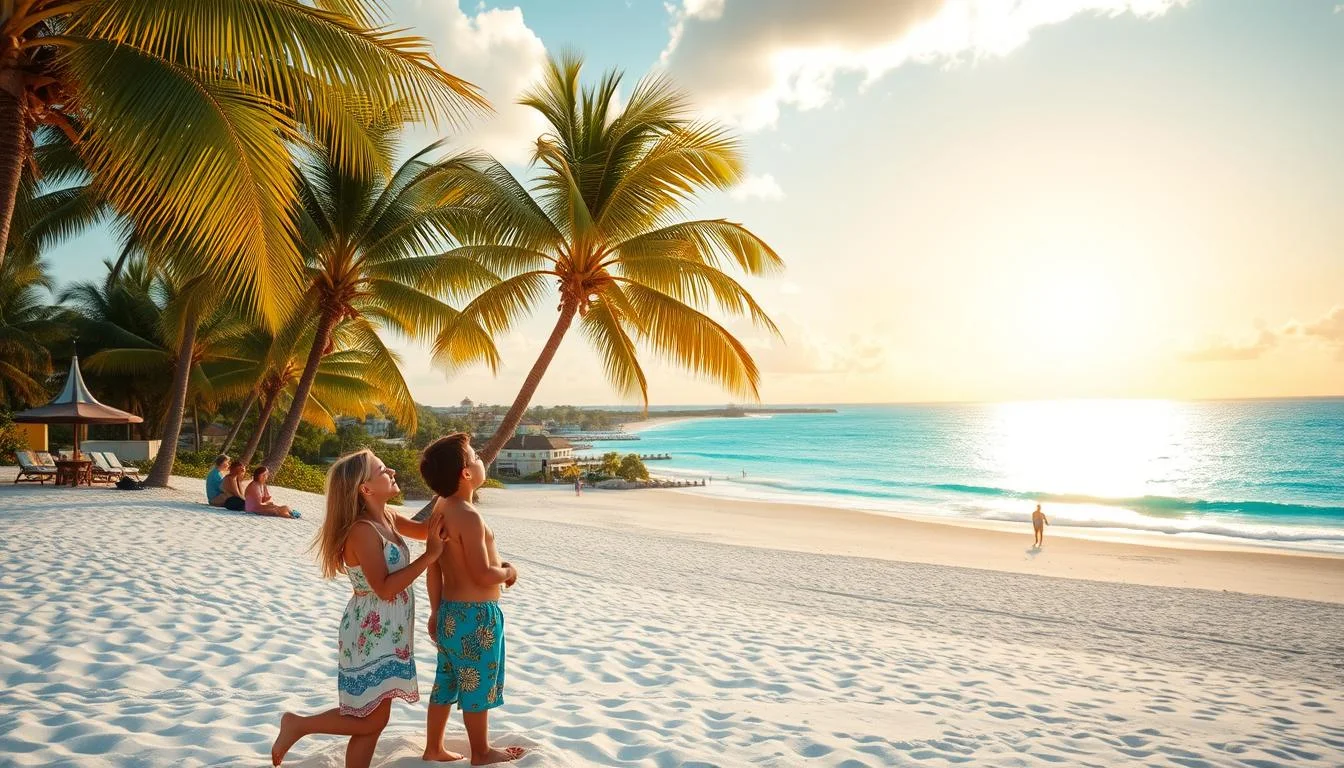 Sunny Beach Getaway Children enjoying a sunny beach with palm trees and ocean view.