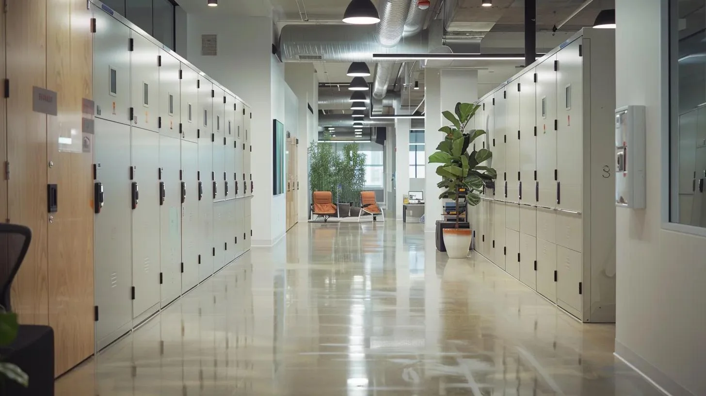 Sleek Modern Office Environment Modern office hallway with lockers, ideal for moving services in Chicago.