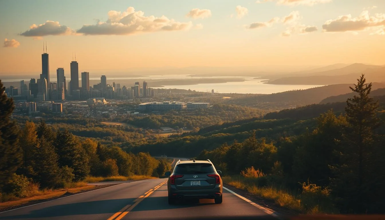 Moving to Chicago with Moovers Car driving towards Chicago skyline, representing moving services.