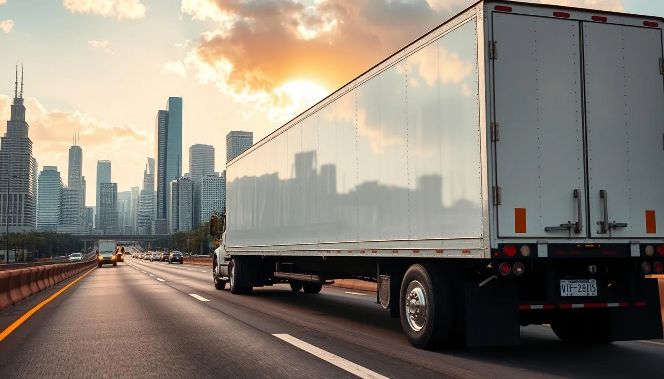 Long Distance Moving Services in Chicago Moving truck on highway with Chicago skyline, long distance movers