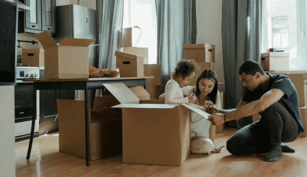 A family packing their things