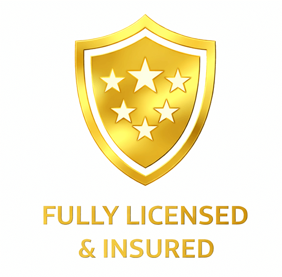 Fully licensed and insured moving company logo with gold shield and stars.