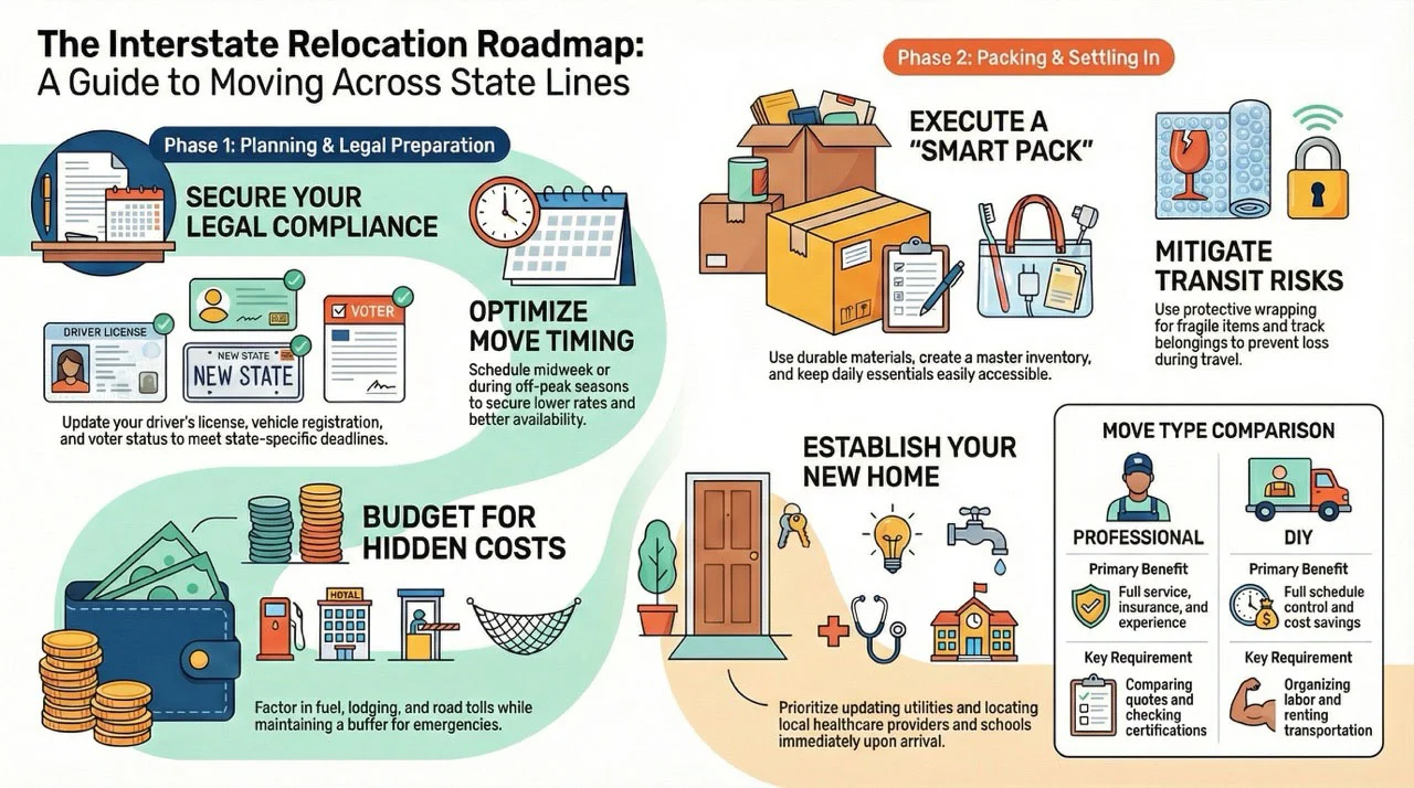 Interstate relocation roadmap infographic by Moovers Chicago, detailing moving and packing services.