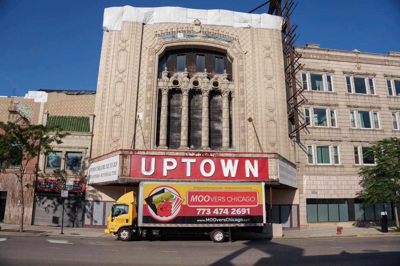 Moovers Chicago Truck at Uptown Theater Moovers Chicago truck in front of Uptown Theater, local and long distance moving services.