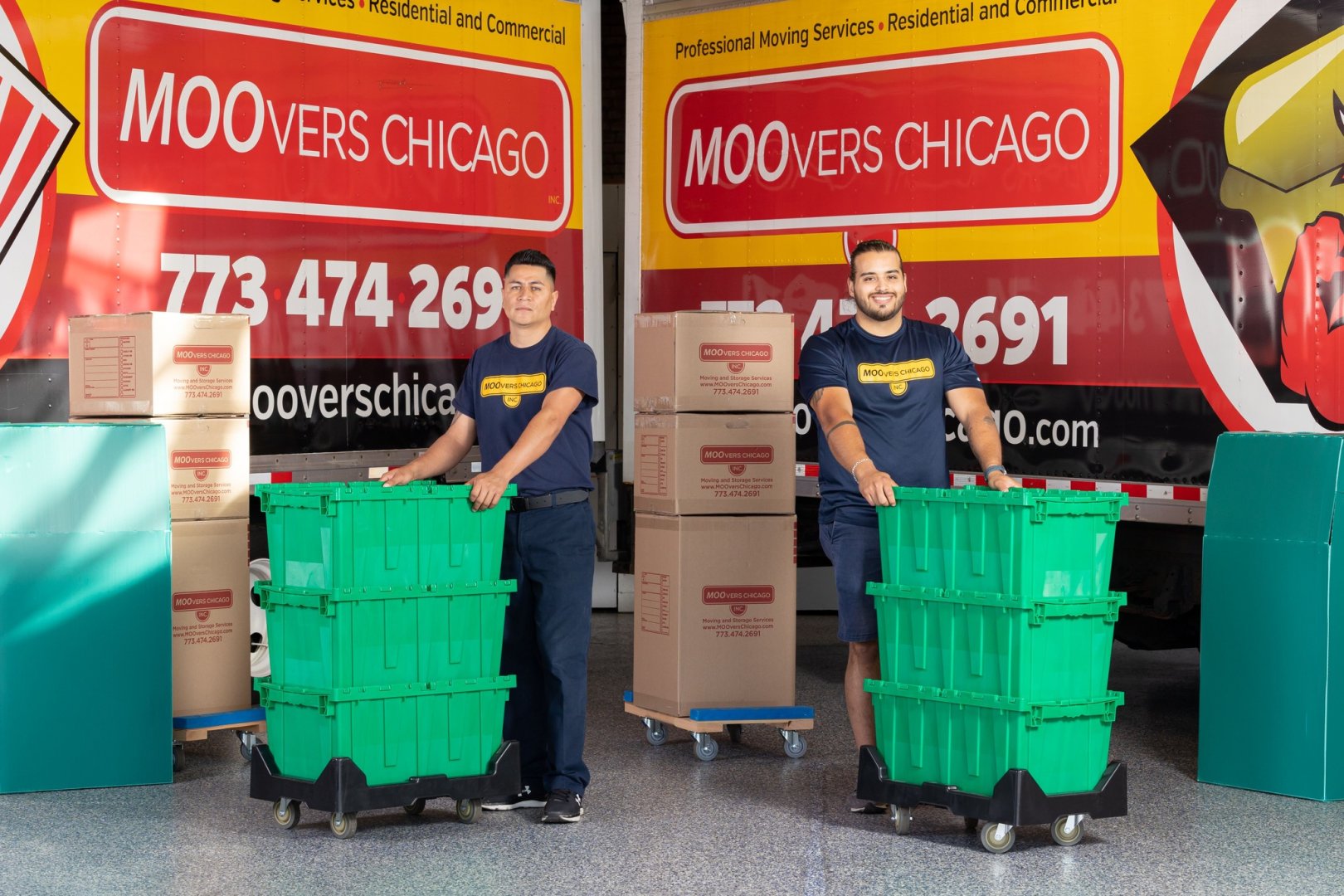 Moovers Chicago team with moving boxes and trucks.