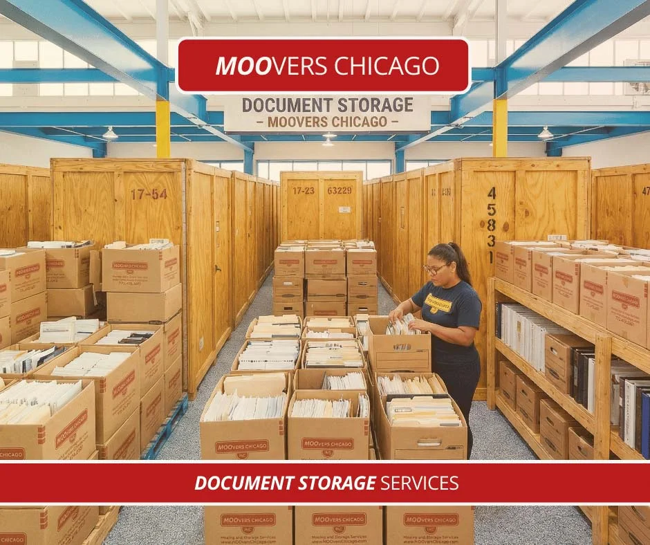 Moovers Chicago document storage services with organized boxes and files.
