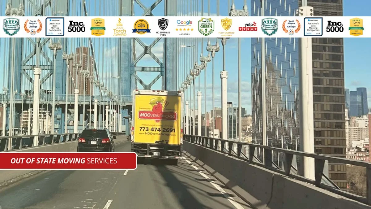 Moovers Chicago – Trusted Moving Services Moovers Chicago truck on a bridge offering out of state moving services.