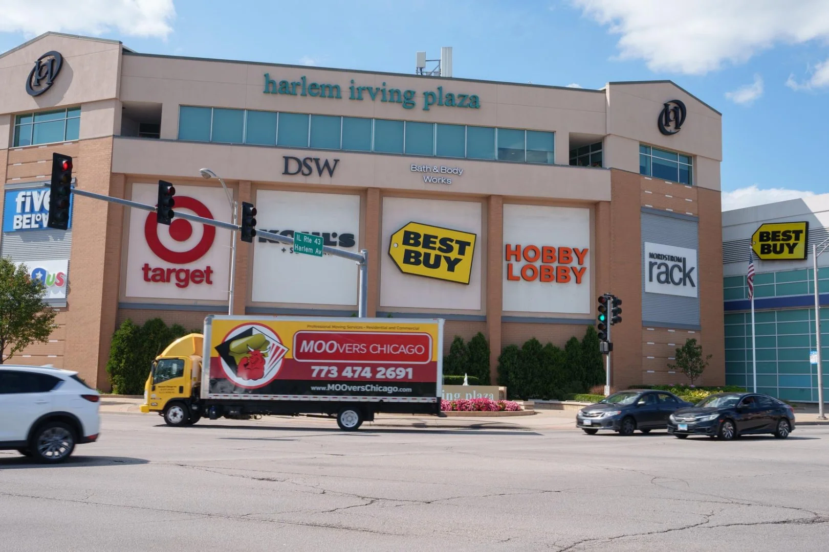Moovers Chicago at Harlem Irving Plaza Moovers Chicago truck in front of Harlem Irving Plaza, local and long distance moving services in Harwood Heights, IL.