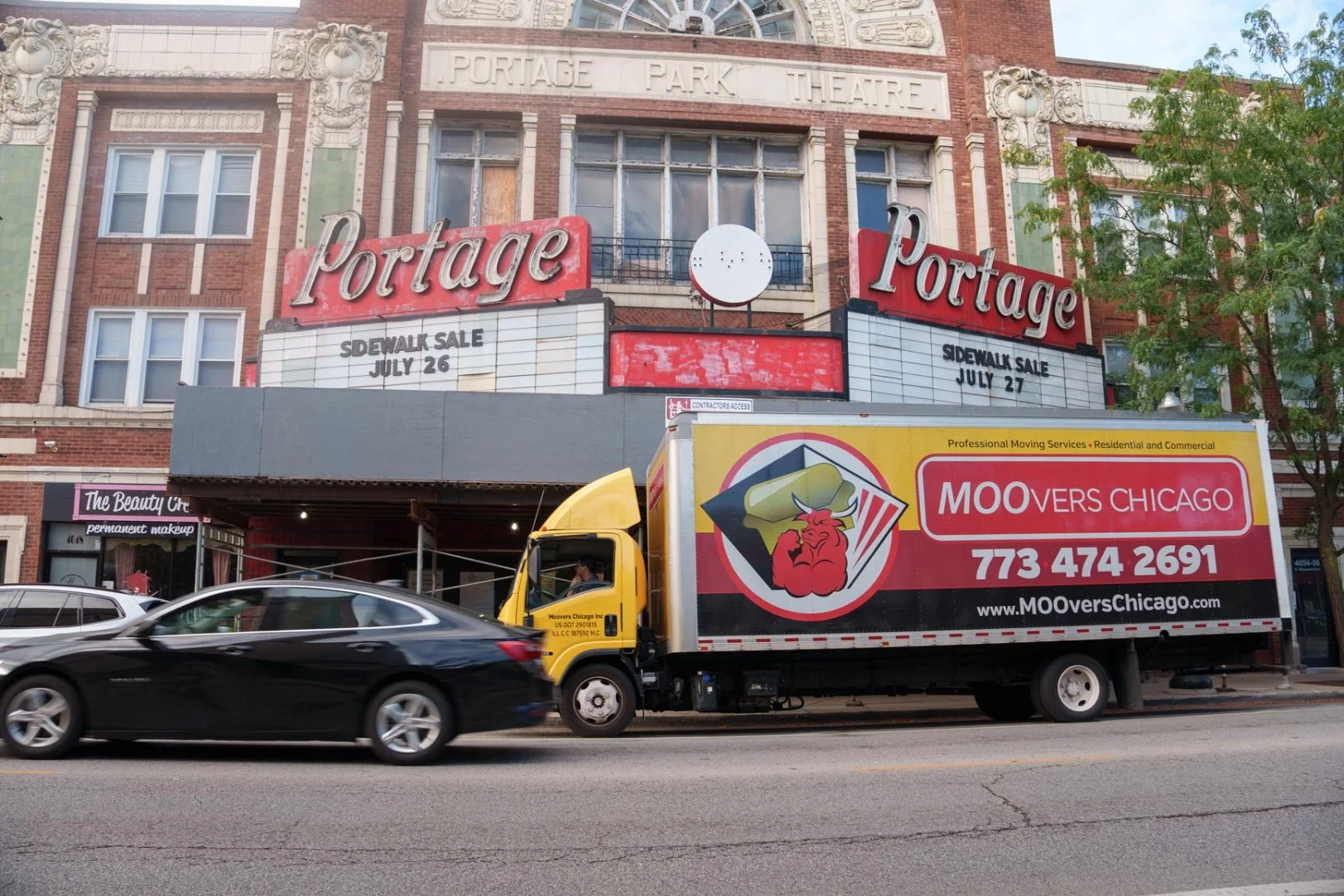 Moovers Chicago at Portage Park Theatre Moovers Chicago truck parked in front of Portage Park Theatre, Illinois.