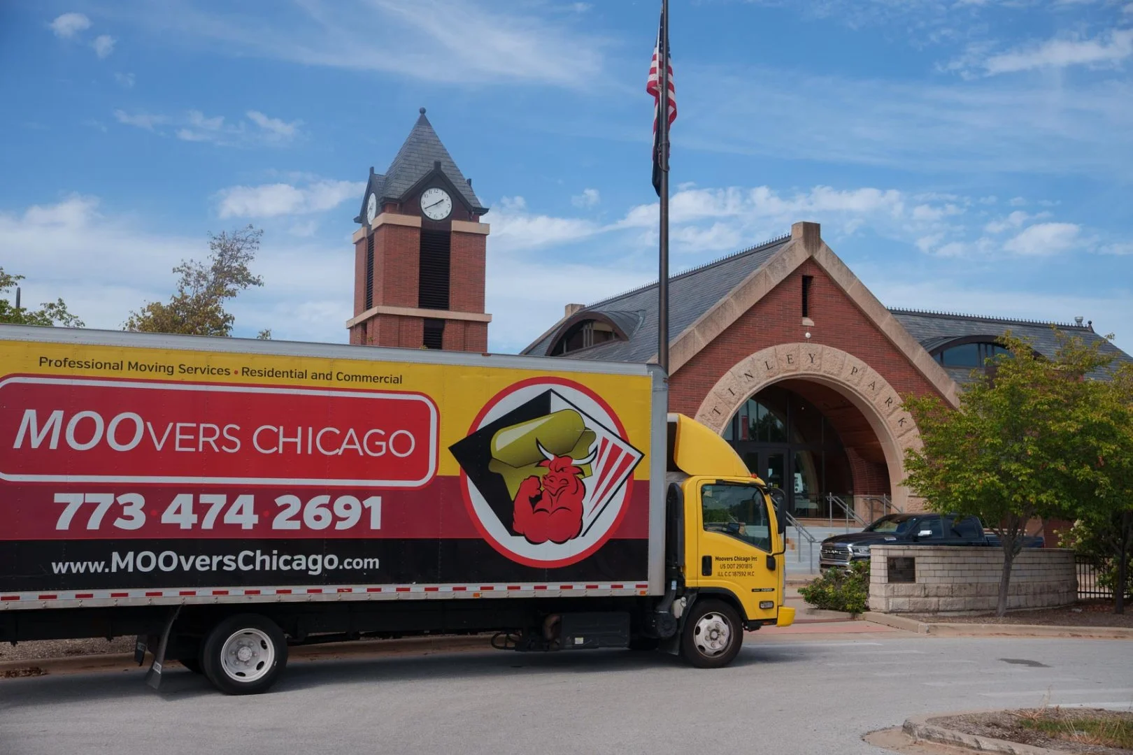 Moovers Chicago Truck at Tinley Park Moovers Chicago truck parked in front of Tinley Park building, in Tinley Park, Illinois offering local and long distance moving services.