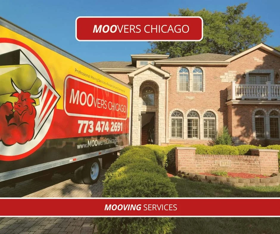 Moovers Chicago moving truck parked in front of a brick house, offering local and long distance moving services.