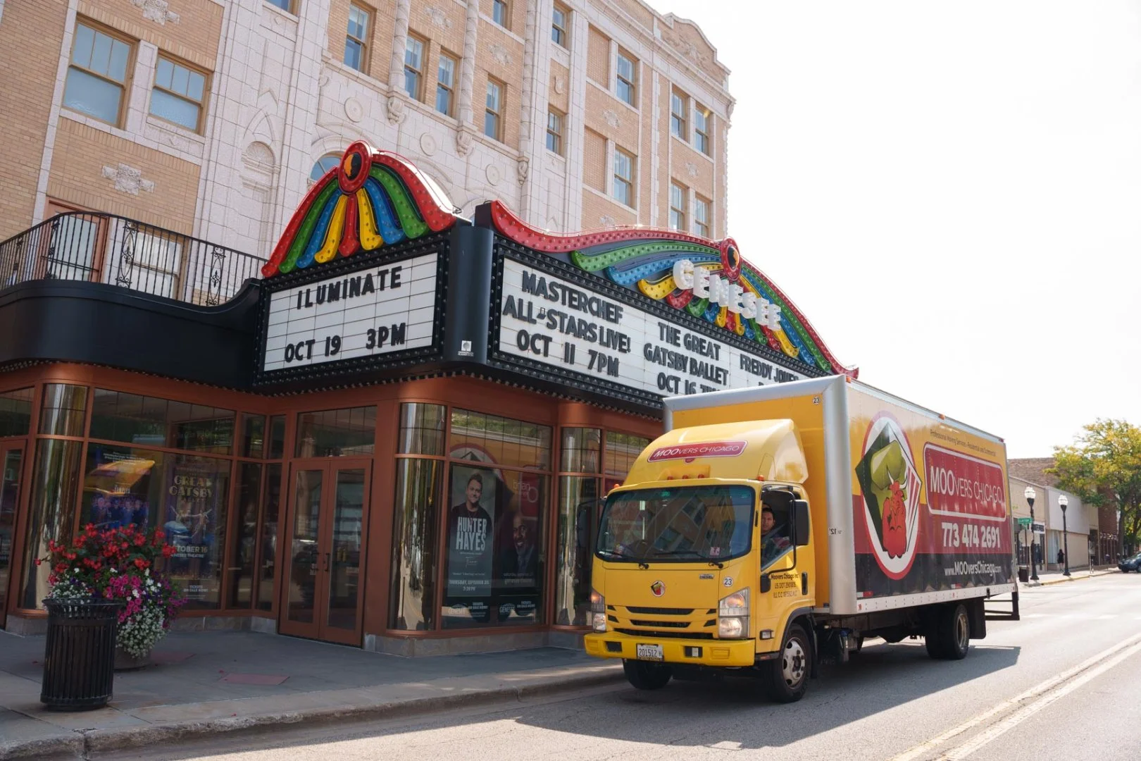 Moovers Chicago Truck at Theater Moovers Chicago truck parked in front of a theater, offering local and long-distance moving services in Waukegan, IL.
