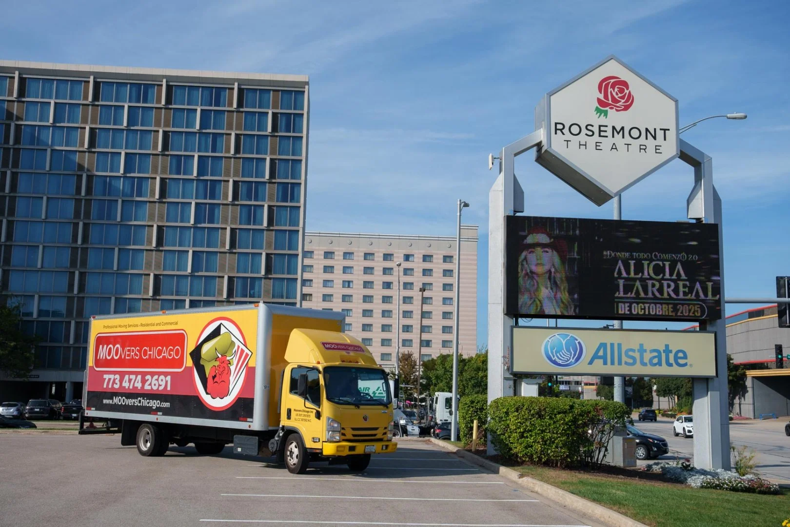 Moovers Chicago Truck at Rosemont Theatre Moovers Chicago truck parked near Rosemont Theatre, IL for local and long distance moving services.