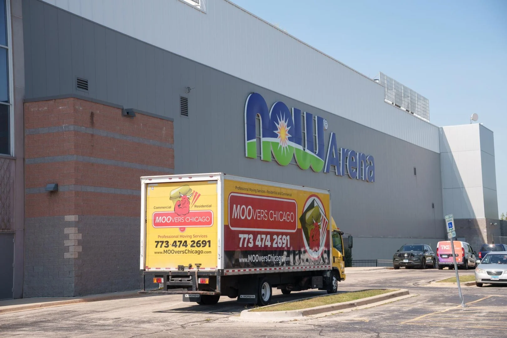 Moovers Chicago Truck at NOW Arena Moovers Chicago truck parked at NOW Arena in Hoffman Estates, offering local and long distance moving services.