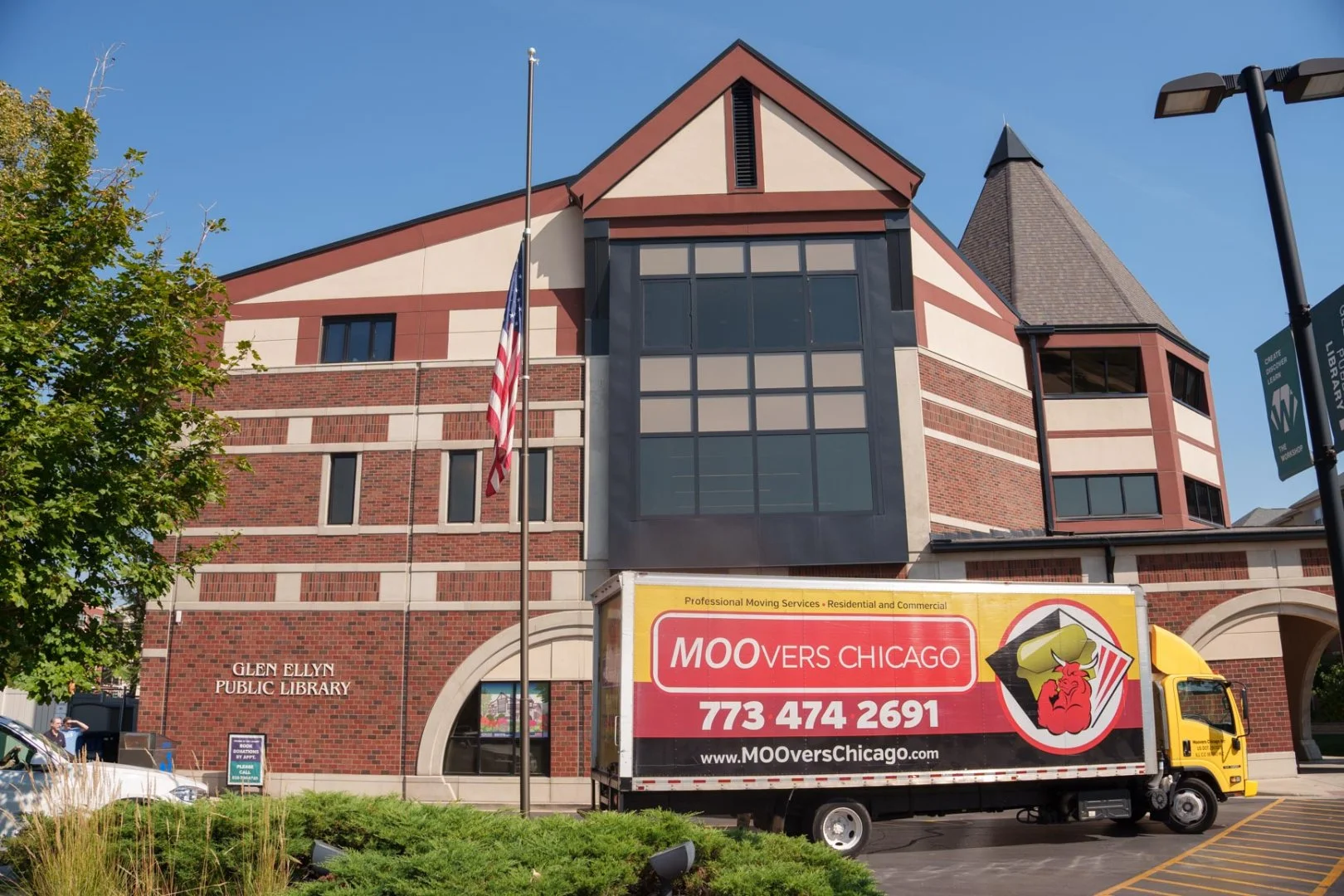Moovers Chicago Truck at Glen Ellyn Public Library Moovers Chicago truck parked outside Glen Ellyn, IL Public Library.