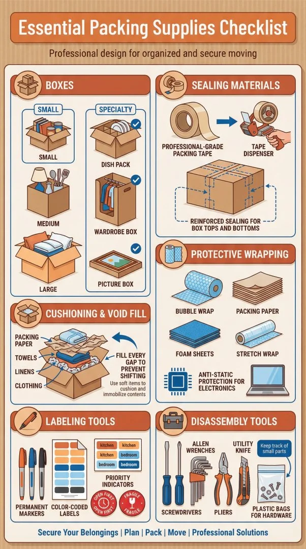 Essential packing supplies checklist for organized moving by Moovers Chicago.
