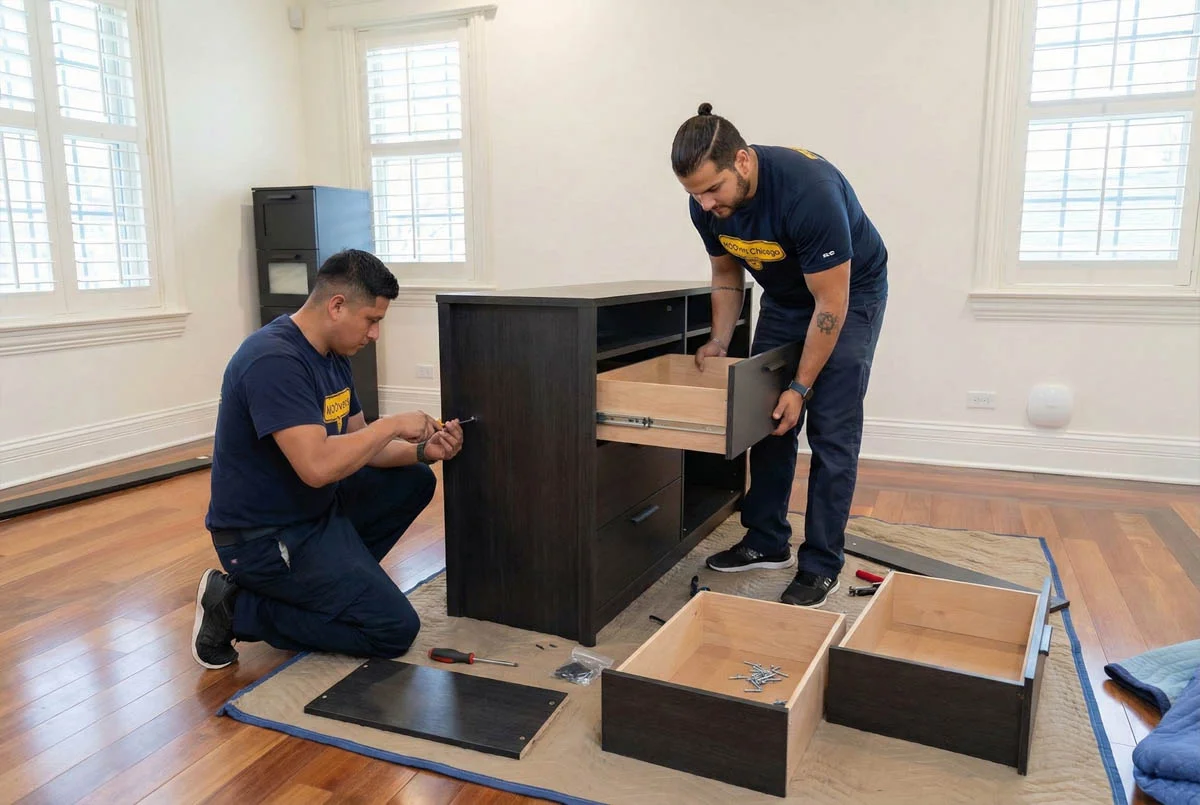 Moovers Chicago team disassembling furniture for a move.