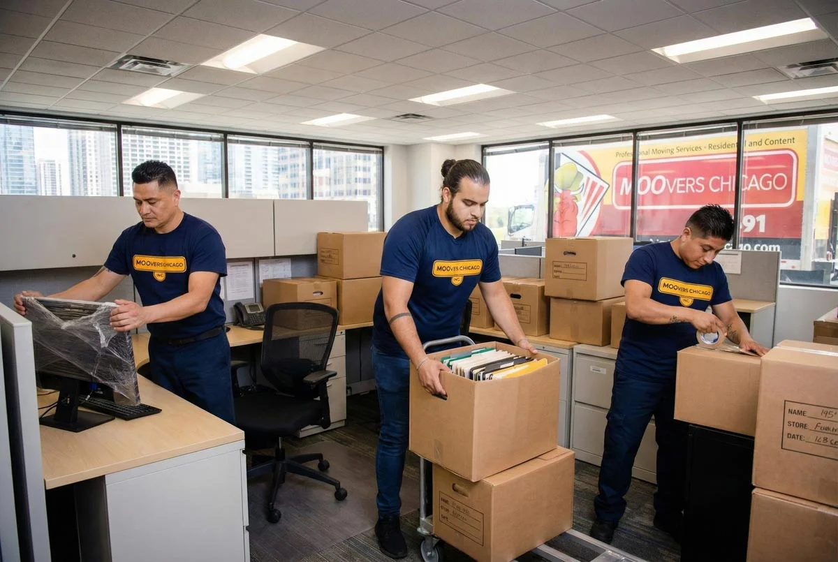 Moovers Chicago team packing an office, local and long distance moving services.