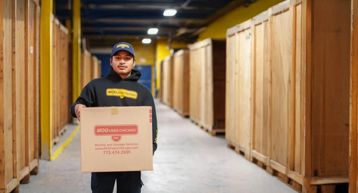 Mover from Moovers Chicago holding a box in a storage facility.