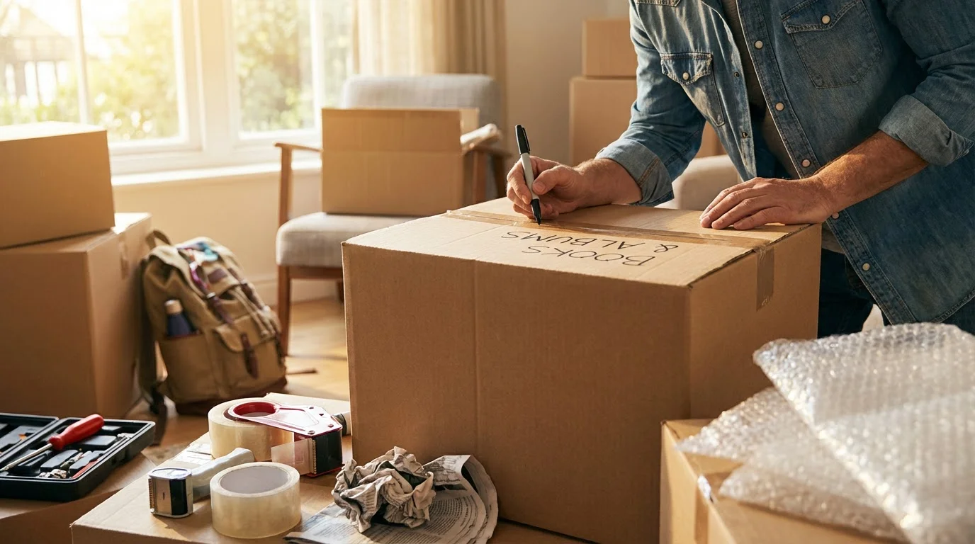 Professional Packing Services by Moovers Chicago Mover packing boxes in a living room, Moovers Chicago services