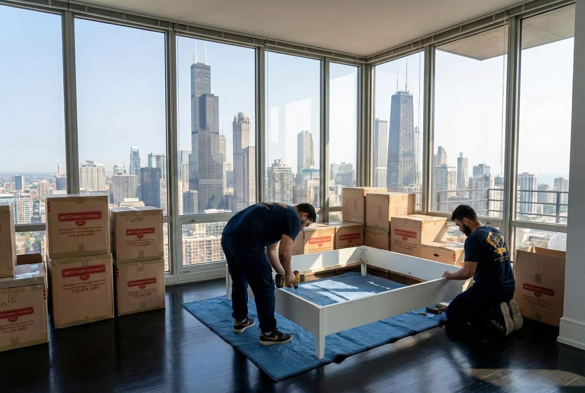 Movers assembling bed frame in Chicago apartment with skyline view.