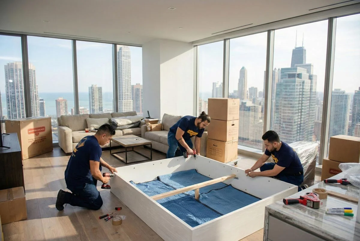 Professional Movers Assembling Furniture in Chicago Movers assembling furniture in a high-rise apartment in Chicago.