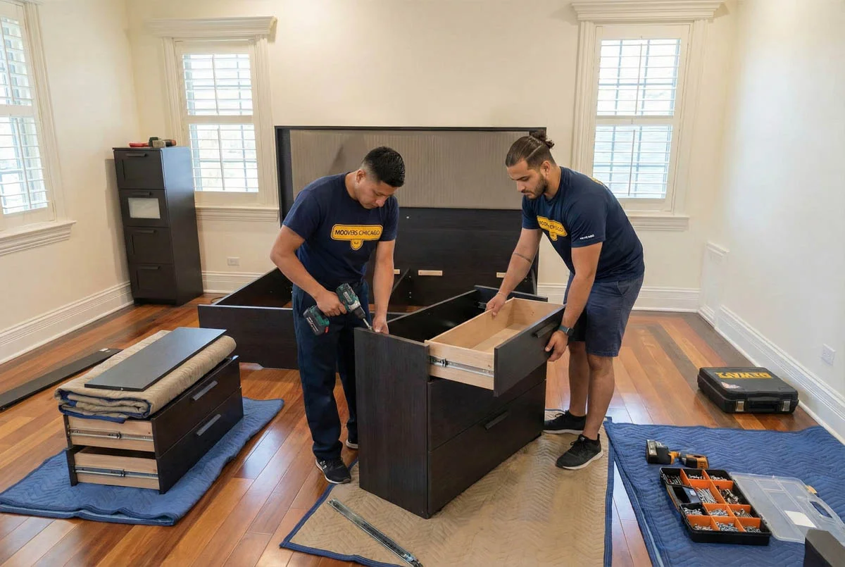 Professional movers assembling furniture in a room, Moovers Chicago.