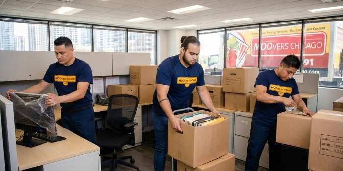 Commercial Moovers Chicago team packing an office, local and long distance moving services.