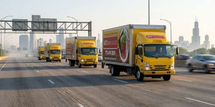 Long-Distance Moovers Chicago truck in front of Chicago Theater, local and long distance moving services.