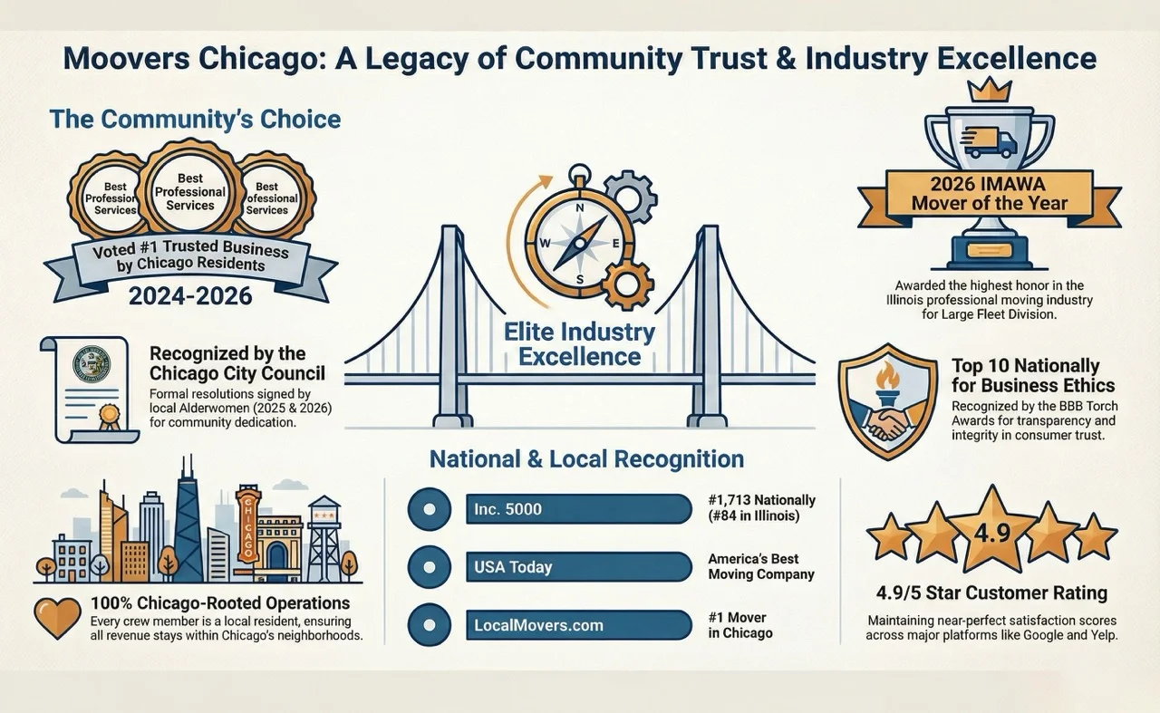Moovers Chicago infographic showcasing awards and recognition for moving services.