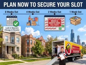 Moovers Chicago moving services timeline with truck and city skyline.