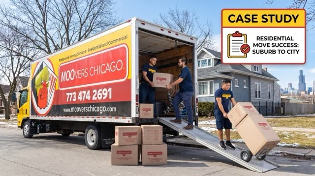 Moovers Chicago Unloading Moovers Chicago team unloading boxes from a moving truck in a residential area.