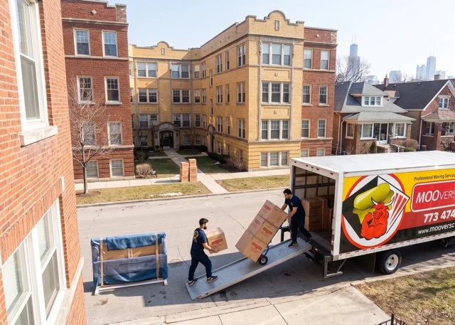 Movers loading truck in Chicago neighborhood, Moovers Chicago.