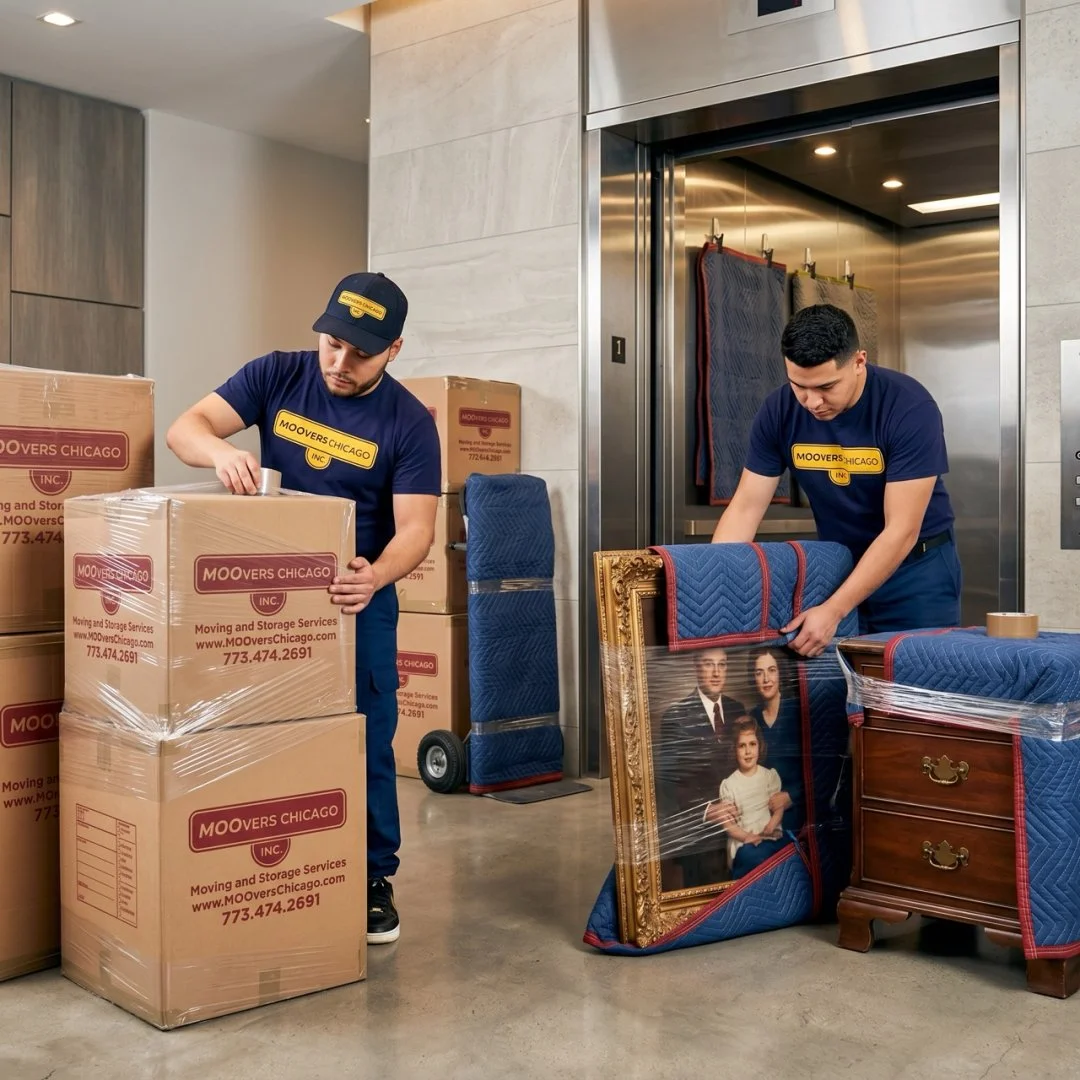 Moovers Chicago Team at Work Moovers Chicago team packing items for a move.