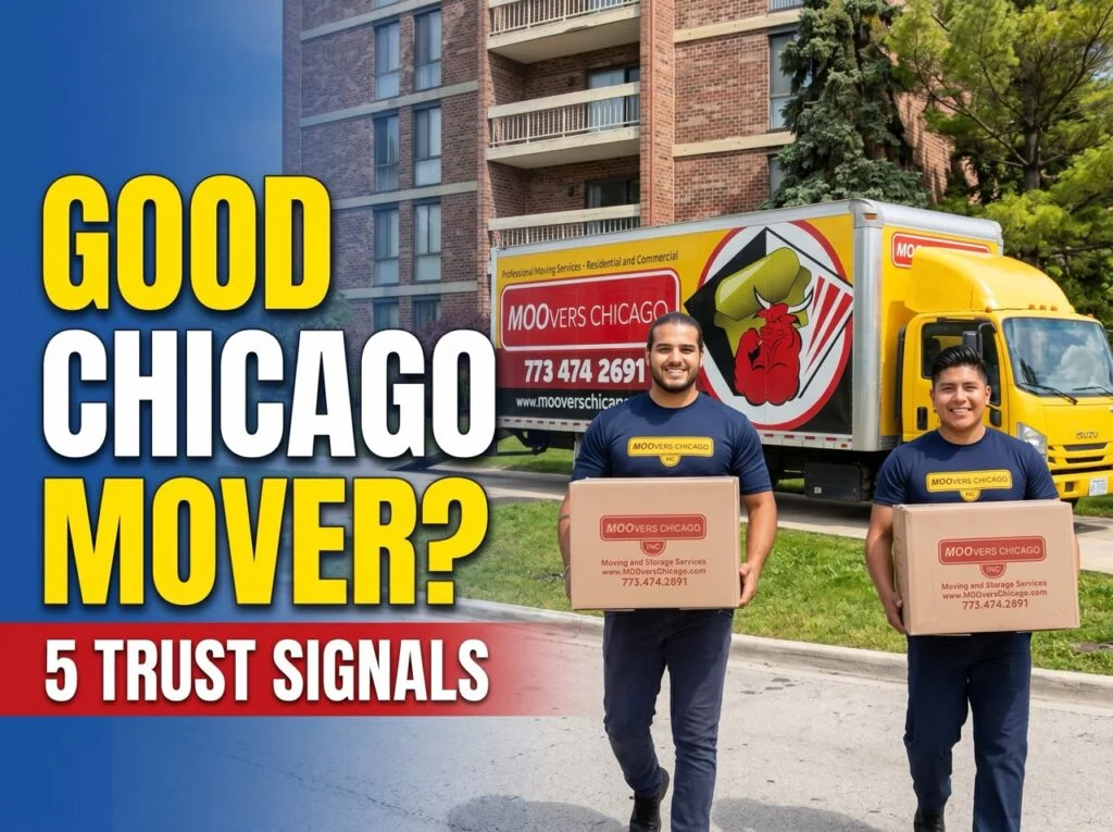 Moovers Chicago truck and movers with boxes in front of a building.