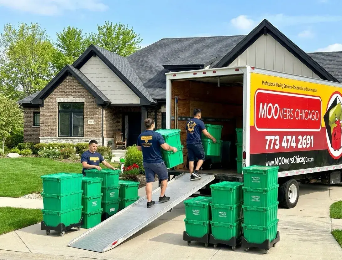 Moovers Chicago team loading green moving boxes into truck