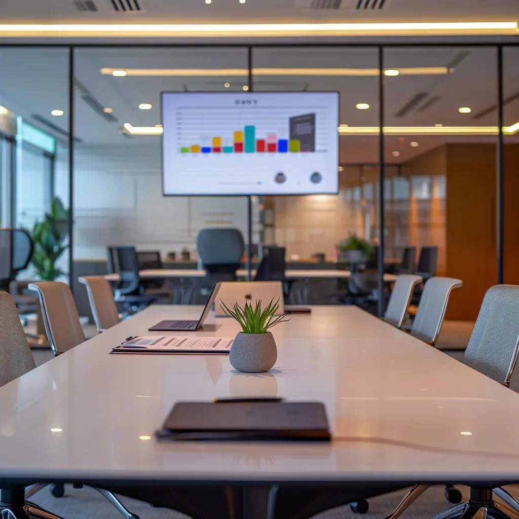 Modern office setup with conference table, chairs, and a presentation screen, ideal for movers and moving services.